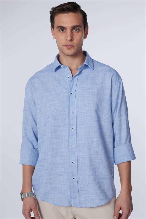 Erkek Relax Fit Rahat Kesim Oversize Uzun Kollu %100 Pamuk Keten Doku Lacivert Gömlek