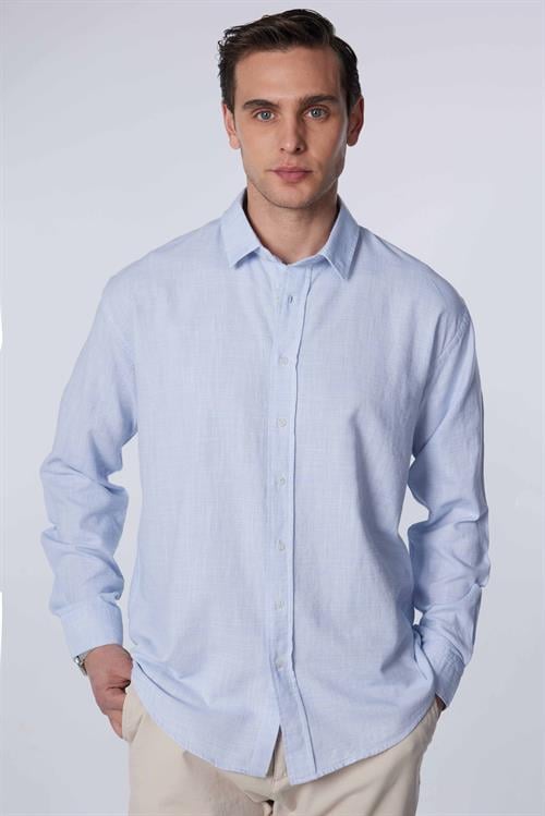 Erkek Relax Fit Rahat Kesim Oversize Uzun Kollu %100 Pamuk Keten Doku Mavi Gömlek