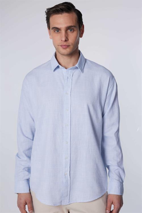 Erkek Relax Fit Rahat Kesim Oversize Uzun Kollu %100 Pamuk Keten Doku Mavi Gömlek
