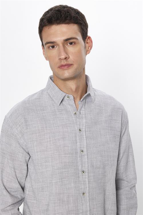 Erkek Relax Fit Rahat Kesim Oversize Uzun Kollu %100 Pamuk Keten Doku Gri Gömlek