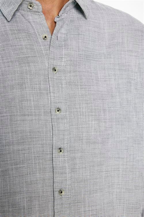 Erkek Relax Fit Rahat Kesim Oversize Uzun Kollu %100 Pamuk Keten Doku Gri Gömlek