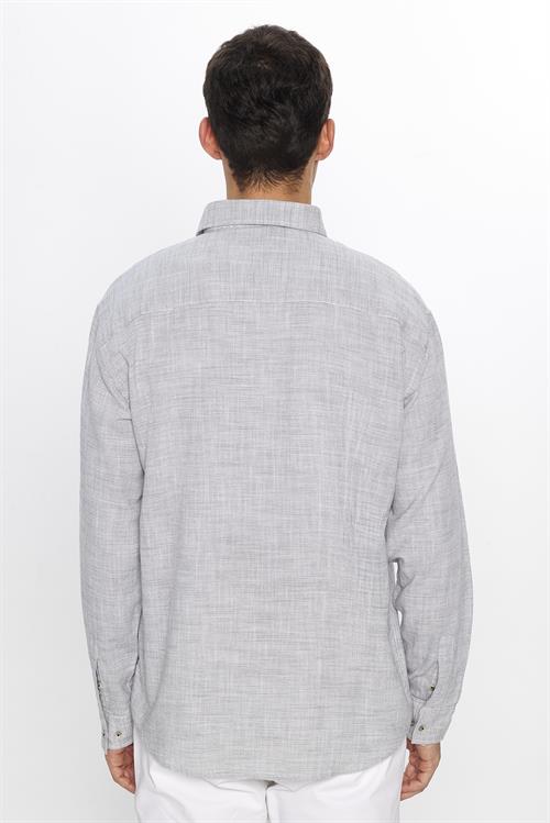 Erkek Relax Fit Rahat Kesim Oversize Uzun Kollu %100 Pamuk Keten Doku Gri Gömlek