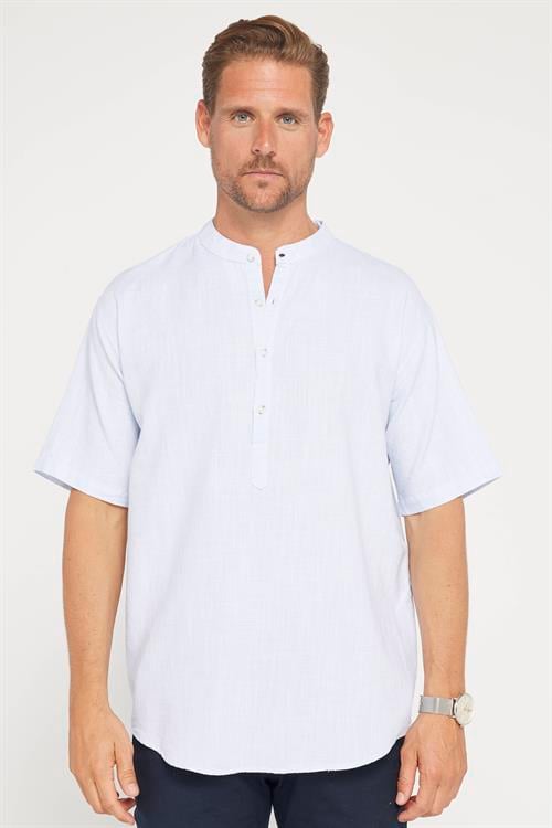 Erkek Relax Fit Rahat Kesim Oversize Kısa Kollu %100 Pamuk Keten Doku Armürlü Mavi Hakim Yaka Gömlek