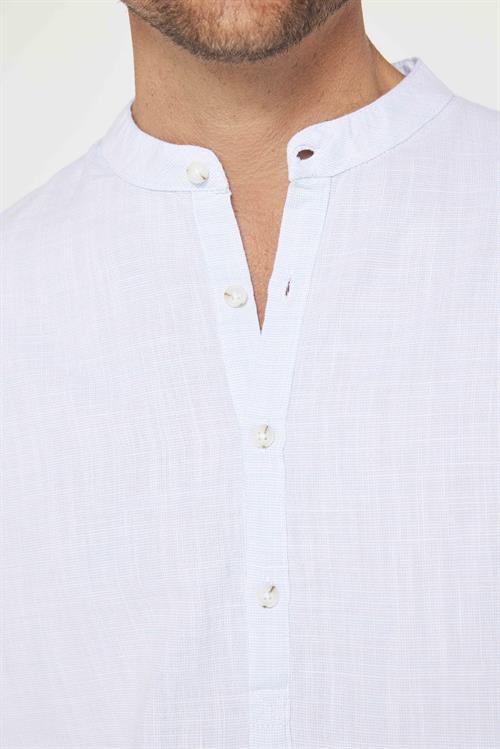 Erkek Relax Fit Rahat Kesim Oversize Kısa Kollu %100 Pamuk Keten Doku Armürlü Mavi Hakim Yaka Gömlek
