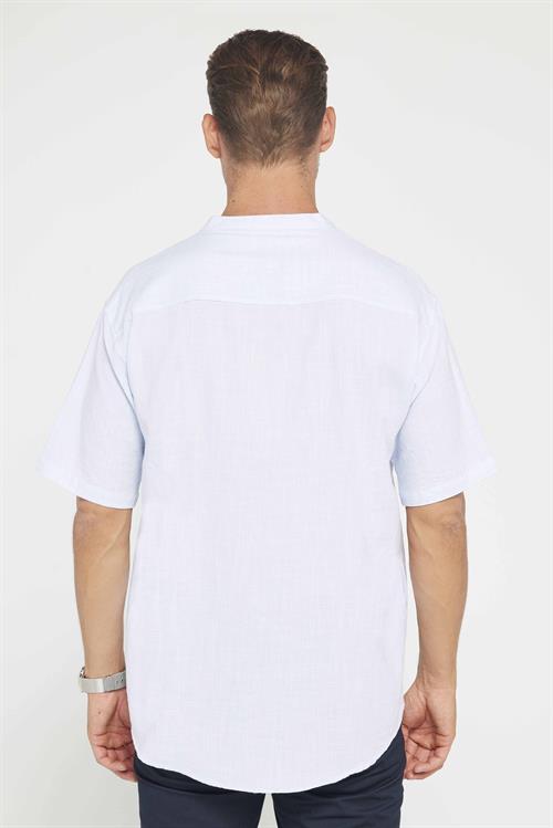 Erkek Relax Fit Rahat Kesim Oversize Kısa Kollu %100 Pamuk Keten Doku Armürlü Mavi Hakim Yaka Gömlek
