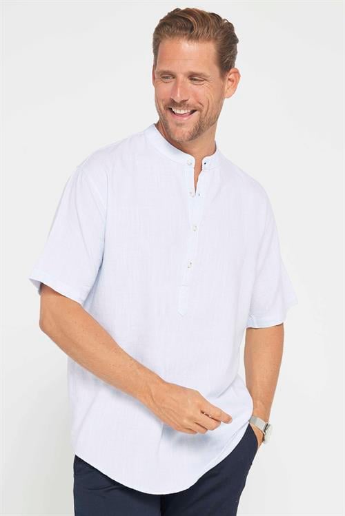 Erkek Relax Fit Rahat Kesim Oversize Kısa Kollu %100 Pamuk Keten Doku Armürlü Mavi Hakim Yaka Gömlek