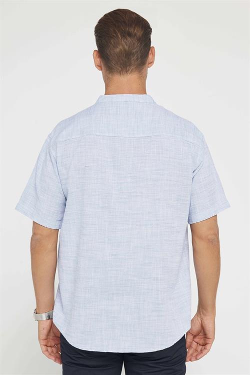 Erkek Relax Fit Rahat Kesim Oversize Kısa Kollu %100 Pamuk Keten Doku Armürlü Mavi Hakim Yaka Gömlek