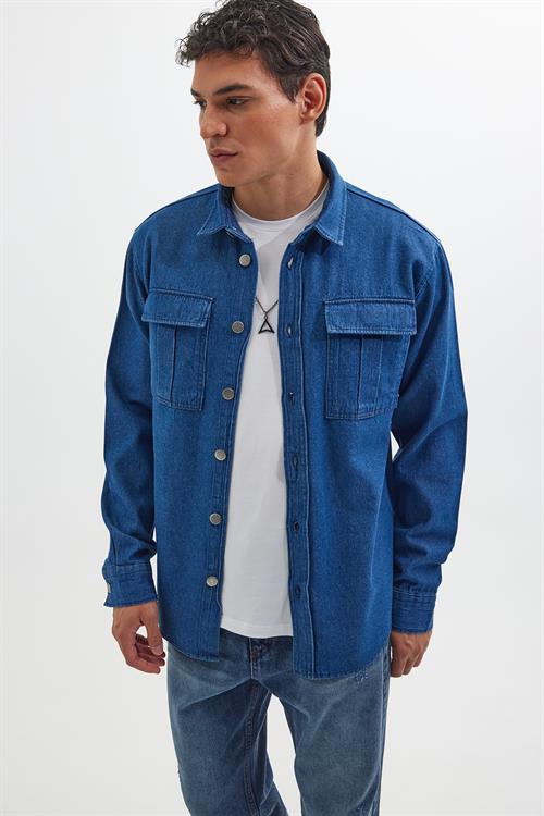 Unisex Relax Fit Rahat Kesim Denim Kot Çift Cepli İndigo Overshirt Ceket Tarzı Gömlek