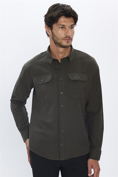 Erkek Relax Fit Rahat Kesim Oversize %100 Pamuk Keten Doku Cift Cepli Haki Gömlek 