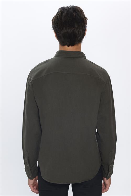 Erkek Relax Fit Rahat Kesim Oversize %100 Pamuk Keten Doku Cift Cepli Haki Gömlek 