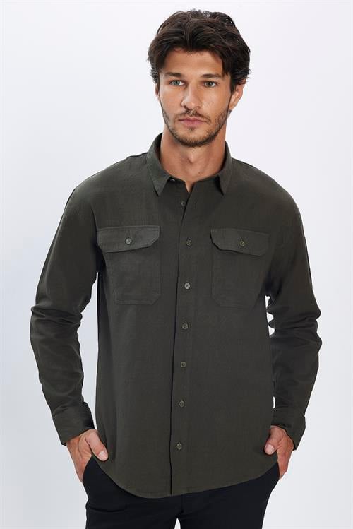 Erkek Relax Fit Rahat Kesim Oversize %100 Pamuk Keten Doku Cift Cepli Haki Gömlek 