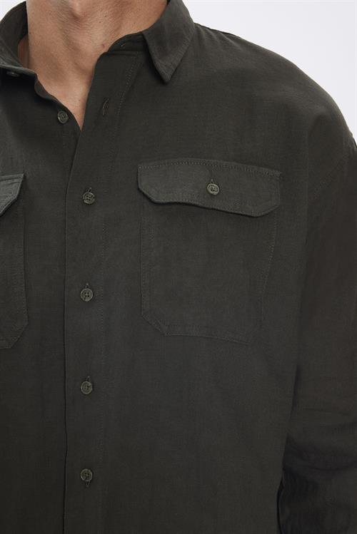 Erkek Relax Fit Rahat Kesim Oversize %100 Pamuk Keten Doku Cift Cepli Haki Gömlek 