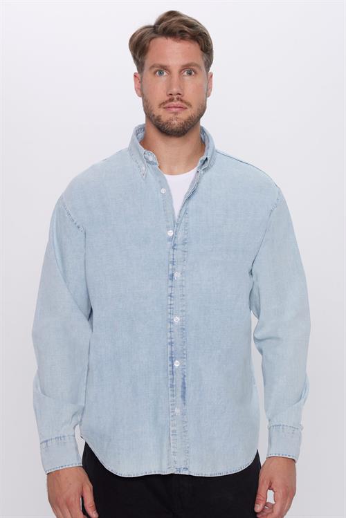 Erkek Relax Fit Rahat Kesim %100 Pamuk Denim Kot Mavi Düğmeli Yaka Gömlek