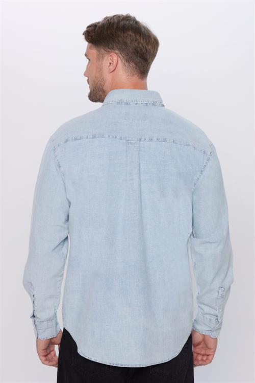 Erkek Relax Fit Rahat Kesim %100 Pamuk Denim Kot Mavi Düğmeli Yaka Gömlek