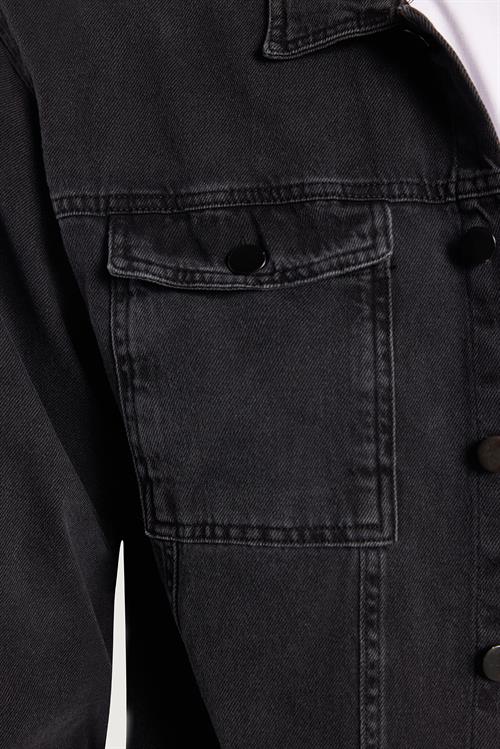 Erkek Relax Fit Rahat Kesim Denim Çıtçıtlı Uzun Kol Kot Ceket Siyah Gömlek