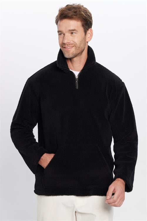 Unisex Relax Fit Rahat Kesim Yarım Fermuarlı Kanguru Cepli Siyah Dik Yaka Peluş Sweatshirt