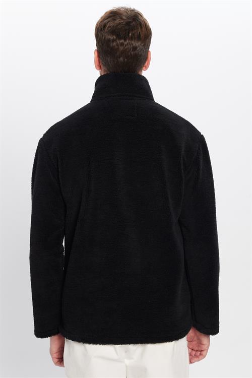 Unisex Relax Fit Rahat Kesim Yarım Fermuarlı Kanguru Cepli Siyah Dik Yaka Peluş Sweatshirt