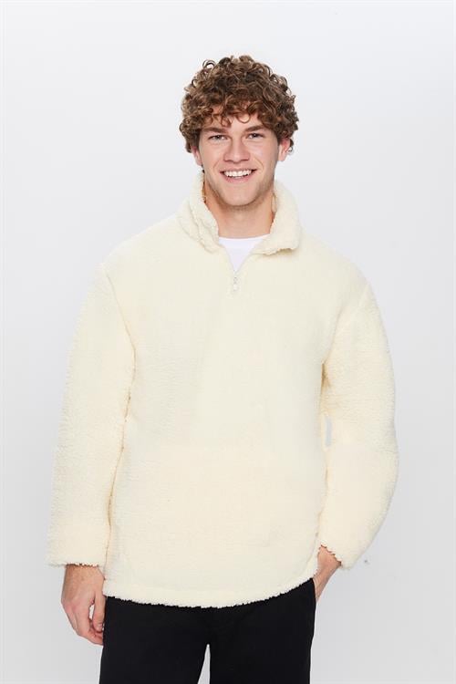 Unisex Relax Fit Rahat Kesim Yarım Fermuarlı Kanguru Cepli Ekru Dik Yaka Peluş Sweatshirt