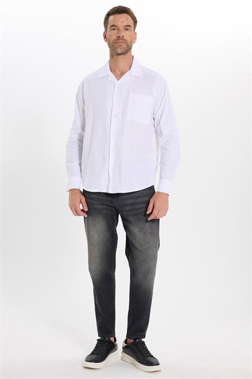 Erkek Relax Fit Rahat Kesim Oversize %100 Pamuk Keten Doku Apaş Yaka Beyaz Gömlek