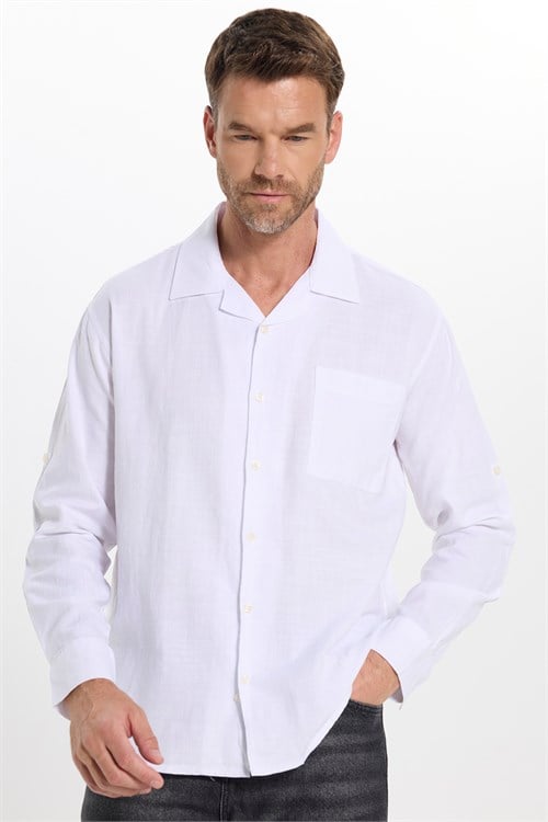 Erkek Relax Fit Rahat Kesim Oversize %100 Pamuk Keten Doku Apaş Yaka Beyaz Gömlek