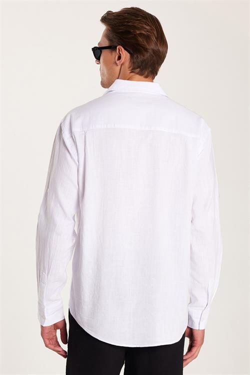 Erkek Relax Fit Rahat Kesim Oversize %100 Pamuk Keten Doku Apaş Yaka Beyaz Gömlek