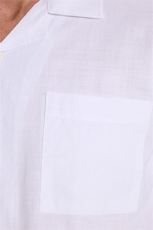 Erkek Relax Fit Rahat Kesim Oversize %100 Pamuk Keten Doku Apaş Yaka Beyaz Gömlek