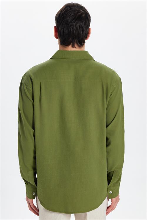 Erkek Relax Fit Rahat Kesim Oversize %100 Pamuk Keten Doku Apaş Yaka Haki Gömlek
