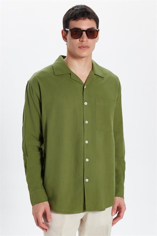 Erkek Relax Fit Rahat Kesim Oversize %100 Pamuk Keten Doku Apaş Yaka Haki Gömlek