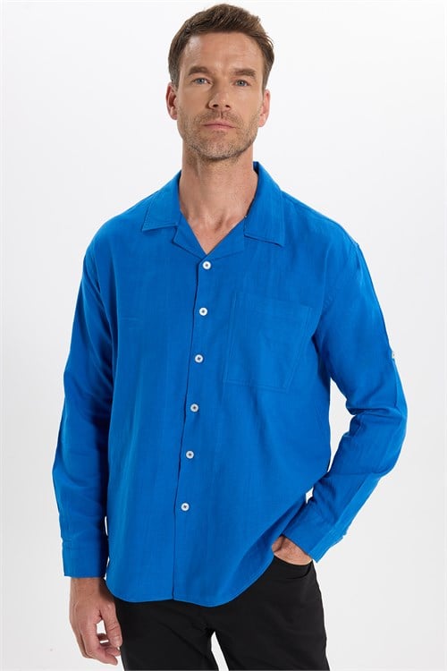 Erkek Relax Fit Rahat Kesim Oversize %100 Pamuk Keten Doku Apaş Yaka Saks Mavi Gömlek