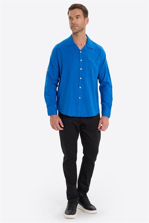 Erkek Relax Fit Rahat Kesim Oversize %100 Pamuk Keten Doku Apaş Yaka Saks Mavi Gömlek