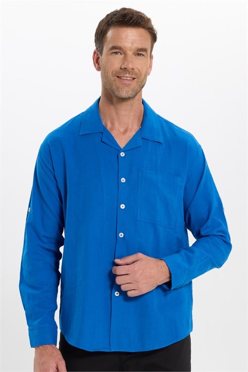 Erkek Relax Fit Rahat Kesim Oversize %100 Pamuk Keten Doku Apaş Yaka Saks Mavi Gömlek