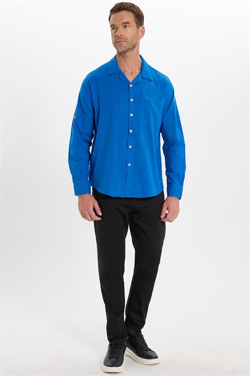 Erkek Relax Fit Rahat Kesim Oversize %100 Pamuk Keten Doku Apaş Yaka Saks Mavi Gömlek