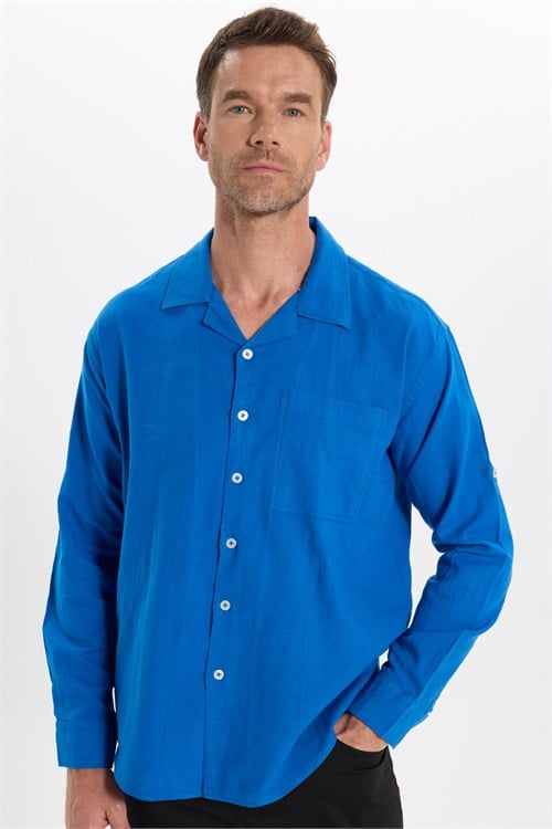 Erkek Relax Fit Rahat Kesim Oversize %100 Pamuk Keten Doku Apaş Yaka Saks Mavi Gömlek