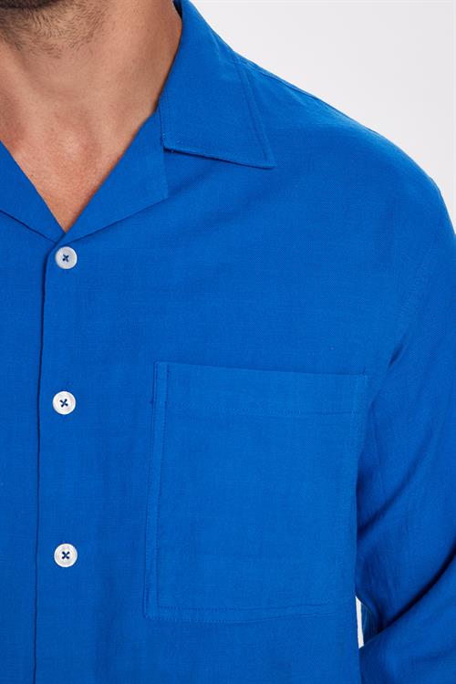 Erkek Relax Fit Rahat Kesim Oversize %100 Pamuk Keten Doku Apaş Yaka Saks Mavi Gömlek