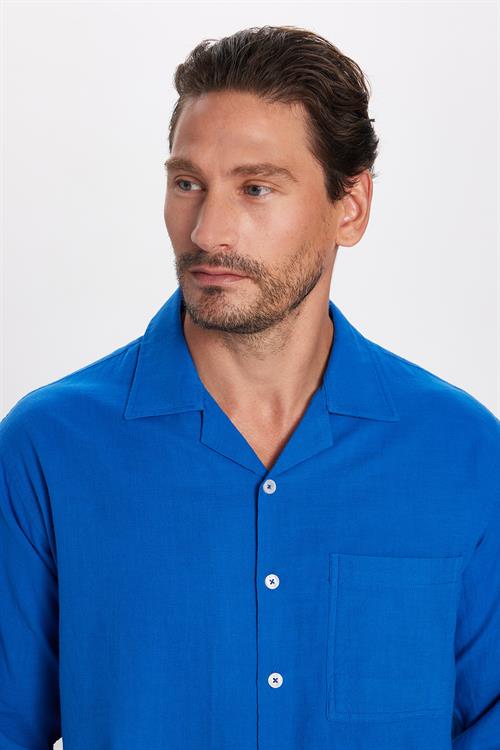 Erkek Relax Fit Rahat Kesim Oversize %100 Pamuk Keten Doku Apaş Yaka Saks Mavi Gömlek