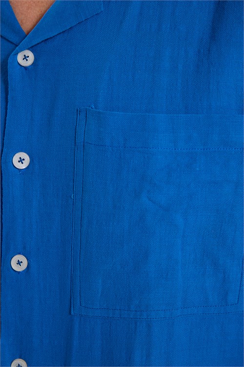 Erkek Relax Fit Rahat Kesim Oversize %100 Pamuk Keten Doku Apaş Yaka Saks Mavi Gömlek
