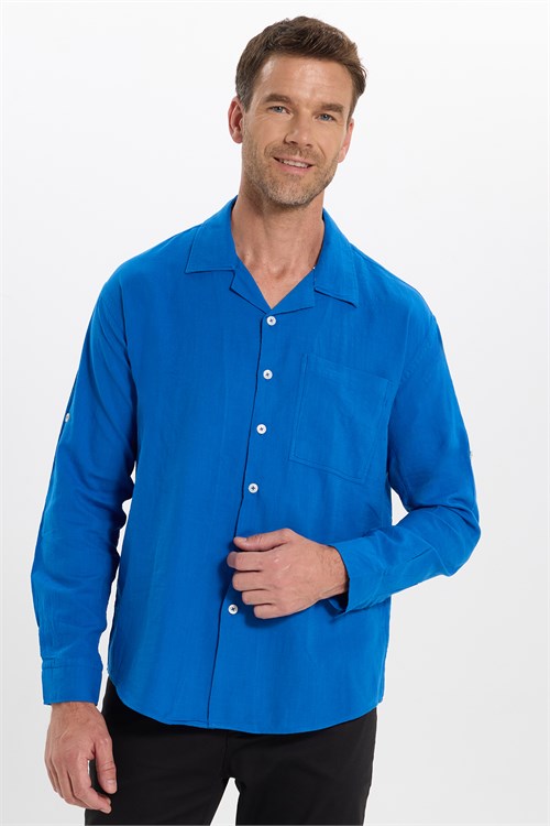 Erkek Relax Fit Rahat Kesim Oversize %100 Pamuk Keten Doku Apaş Yaka Saks Mavi Gömlek