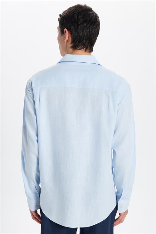 Erkek Relax Fit Rahat Kesim Oversize %100 Pamuk Keten Doku Apaş Yaka Mavi Gömlek