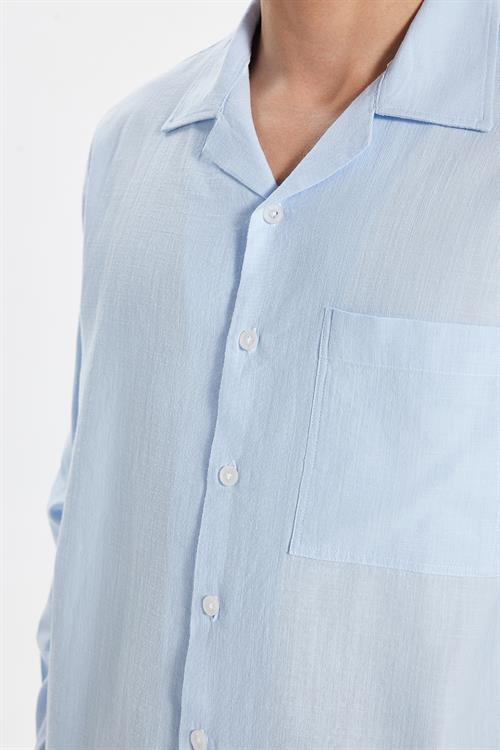 Erkek Relax Fit Rahat Kesim Oversize %100 Pamuk Keten Doku Apaş Yaka Mavi Gömlek