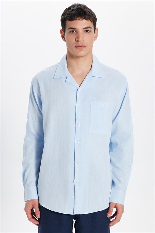 Erkek Relax Fit Rahat Kesim Oversize %100 Pamuk Keten Doku Apaş Yaka Mavi Gömlek