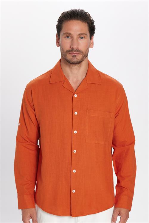 Erkek Relax Fit Rahat Kesim Oversize %100 Pamuk Keten Doku Apaş Yaka Kiremit Gömlek