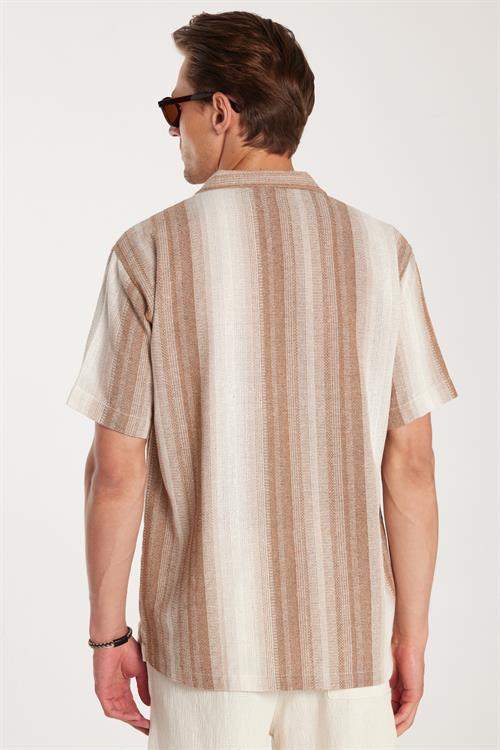Relax Fit Oversize Dökümlü Rahat Kalıp Çizgili Keten Efekt Erkek Gömlek