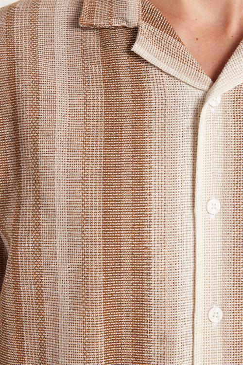 Relax Fit Oversize Dökümlü Rahat Kalıp Çizgili Keten Efekt Erkek Gömlek