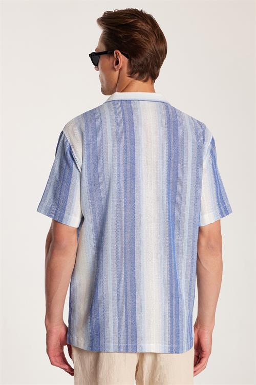 Relax Fit Oversize Dökümlü Rahat Kalıp Çizgili Keten Efekt Erkek Gömlek