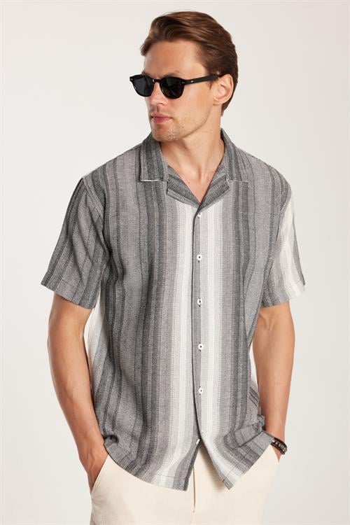 Relax Fit Oversize Dökümlü Rahat Kalıp Çizgili Keten Efekt Erkek Gömlek