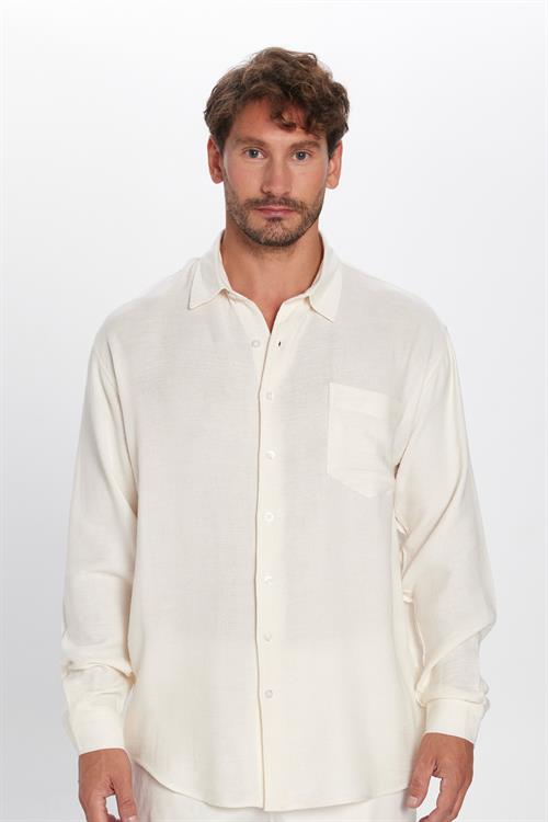 Erkek Relax Fit Rahat Kesim Oversize Müslin Viskon Pamuklu Tek Cepli Düz Ekru Gömlek