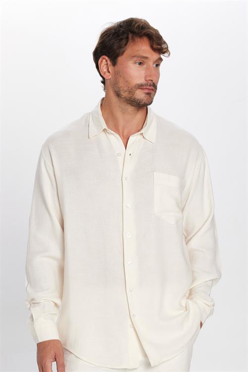 Erkek Relax Fit Rahat Kesim Oversize Müslin Viskon Pamuklu Tek Cepli Düz Ekru Gömlek