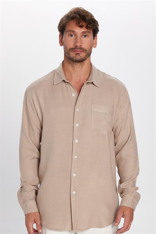 Erkek Relax Fit Rahat Kesim Oversize Müslin Viskon Pamuklu Tek Cepli Düz Taş Gömlek
