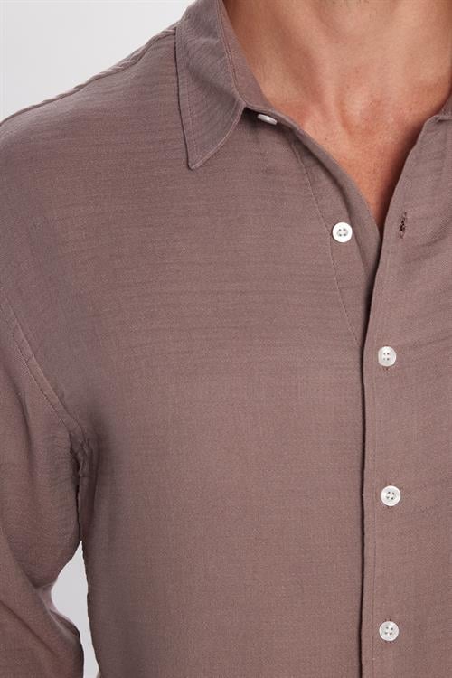 Erkek Relax Fit Rahat Kesim Oversize Müslin Viskon Pamuklu Tek Cepli Düz Mürdüm Gömlek