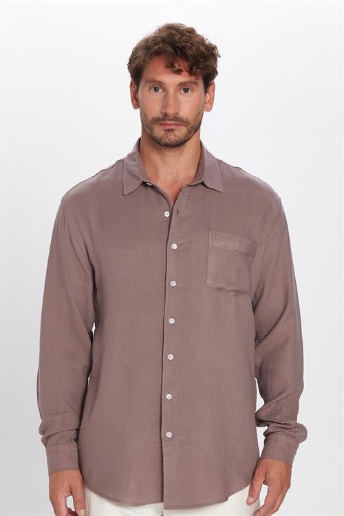 Erkek Relax Fit Rahat Kesim Oversize Müslin Viskon Pamuklu Tek Cepli Düz Mürdüm Gömlek